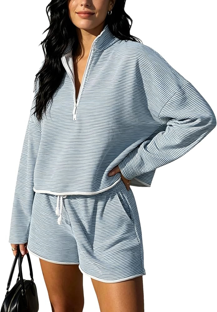 Bozanly Women's 2 Piece Outfits Casual Quarter Zip Long Sleeve Pullover and Drawstring Shorts Lou... | Amazon (US)