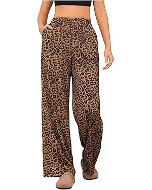 OYOANGLE Women's Leopard Print Elastic High Waist Long Pants Cheetah Printed Wide Leg Loose Trous... | Amazon (US)
