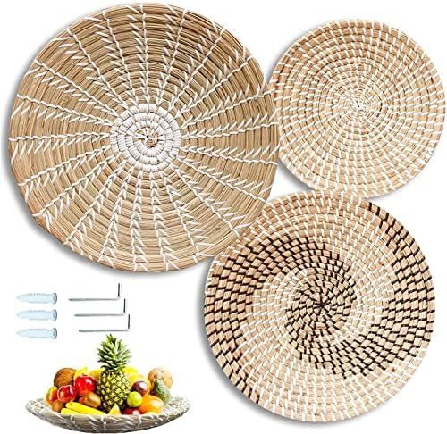 s.e.n Seagrass Boho Wall Basket Decor - Round Rattan Woven Hanging Baskets Flat (Moon) | Amazon (US)