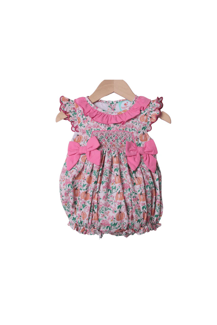 Smocked Fancy Pumpkin Pink Floral Bow Bubble | The Smocked Flamingo