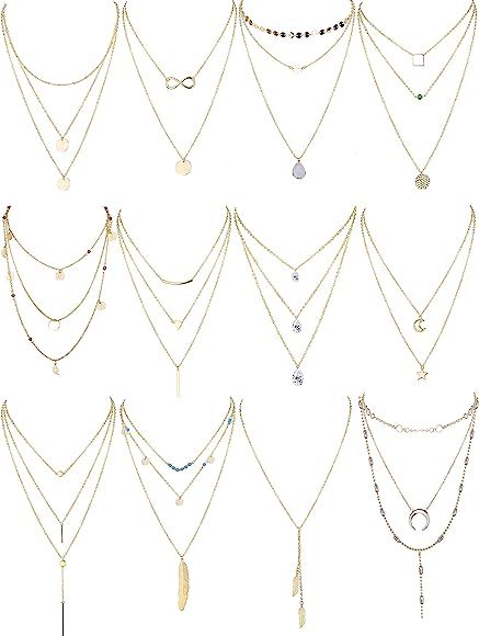 Finrezio 12 PCS Gold & Silver Tone Layered Necklace for Women Girls Sexy Long Choker Chain Y Neck... | Amazon (US)