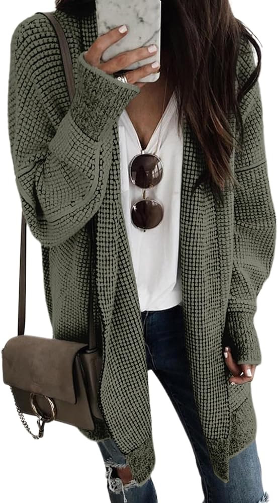 Sidefeel Womens Plaid Long Sleeve Open Front Cardigan Oversized Chunky Knit Sweaters Coat | Amazon (US)