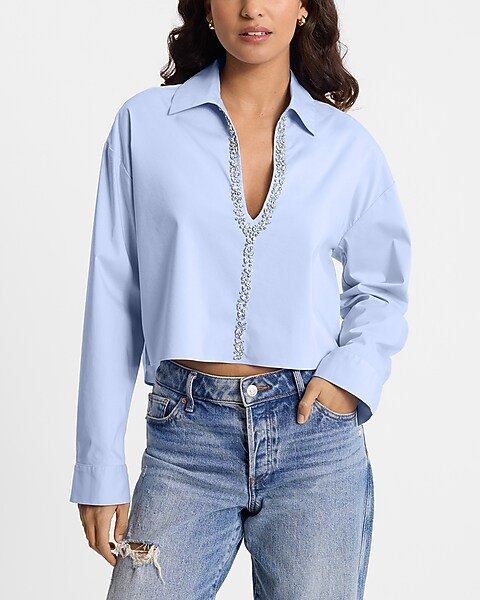 Embellished Collared V-neck Long Sleeve Cropped Shirt | Express