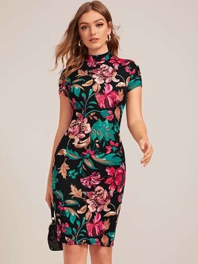 SHEIN Floral Print Mock Neck Bodycon Dress | SHEIN