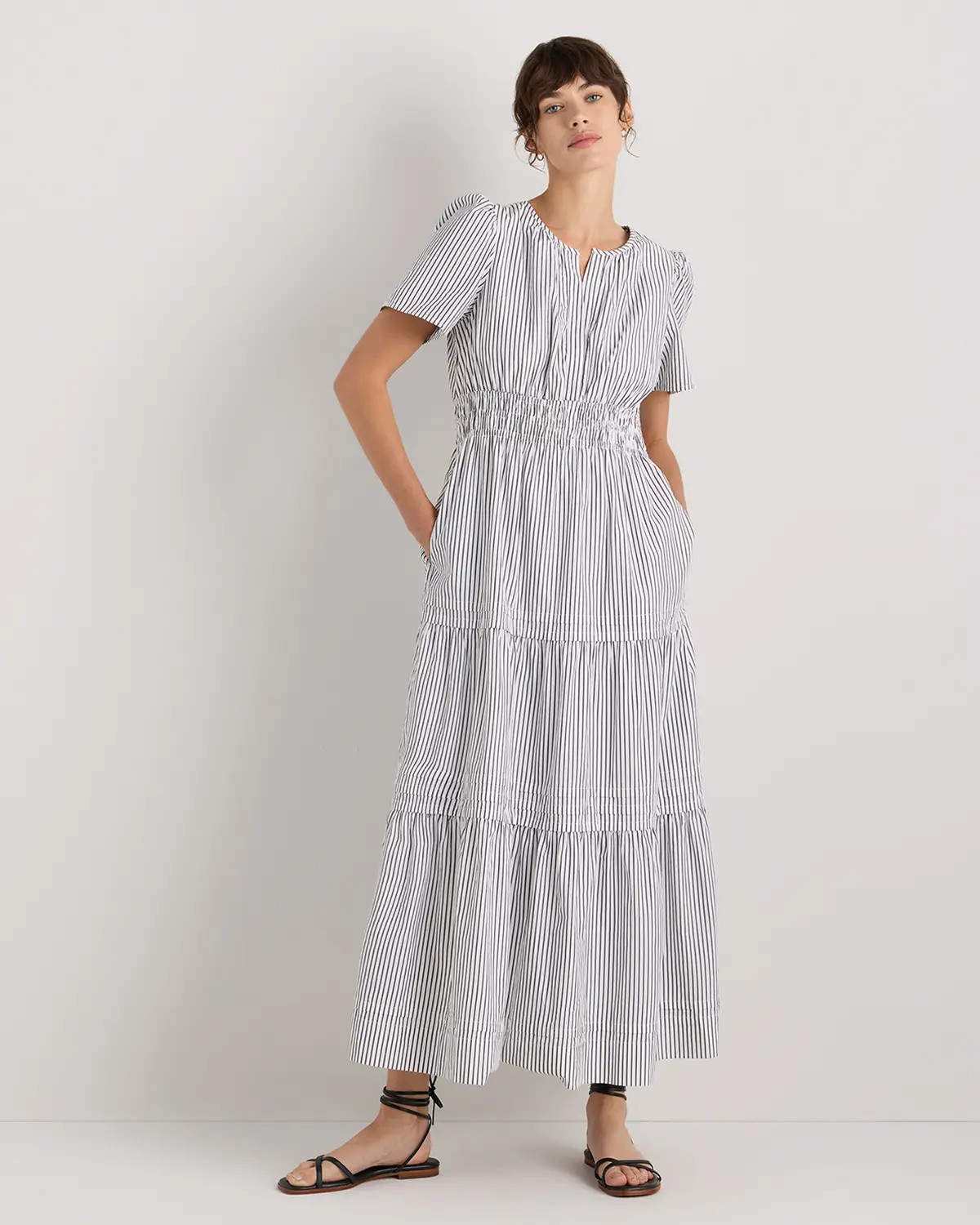 100% Organic Cotton Tiered Maxi Dress in Steel Grey Soho Stripe | Quince
