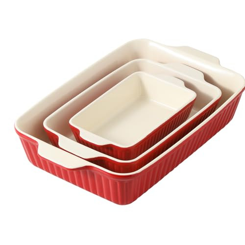 DOWAN Casserole Dishes for Oven, Ceramic Baking Dishes for Oven Set of 3, Lasagna Pan Deep, Baking Pan Set Rectangular Casserole Dish Set with Handles for Baking, Wedding Gift, Red (15.6''/12.2''/8.9'') | Amazon (US)