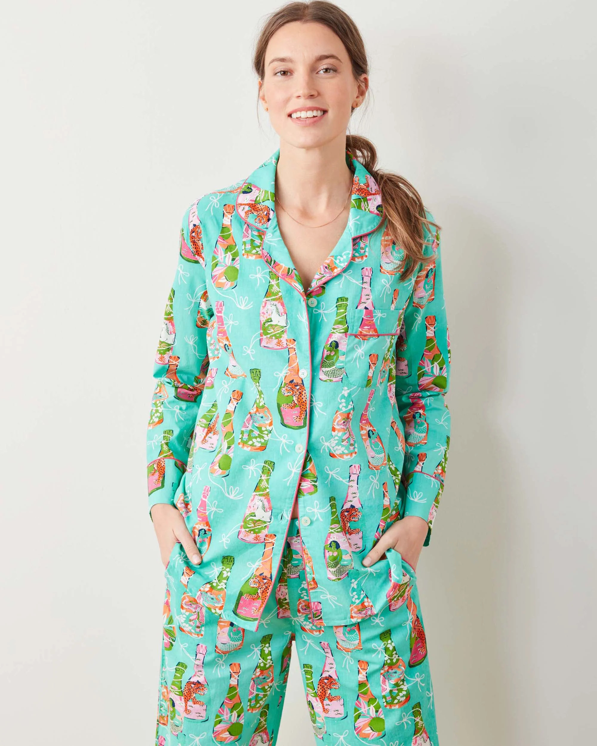 Pop The Bubbly - Women's Organic Cotton Long PJ Set - Bright Turquoise | Printfresh