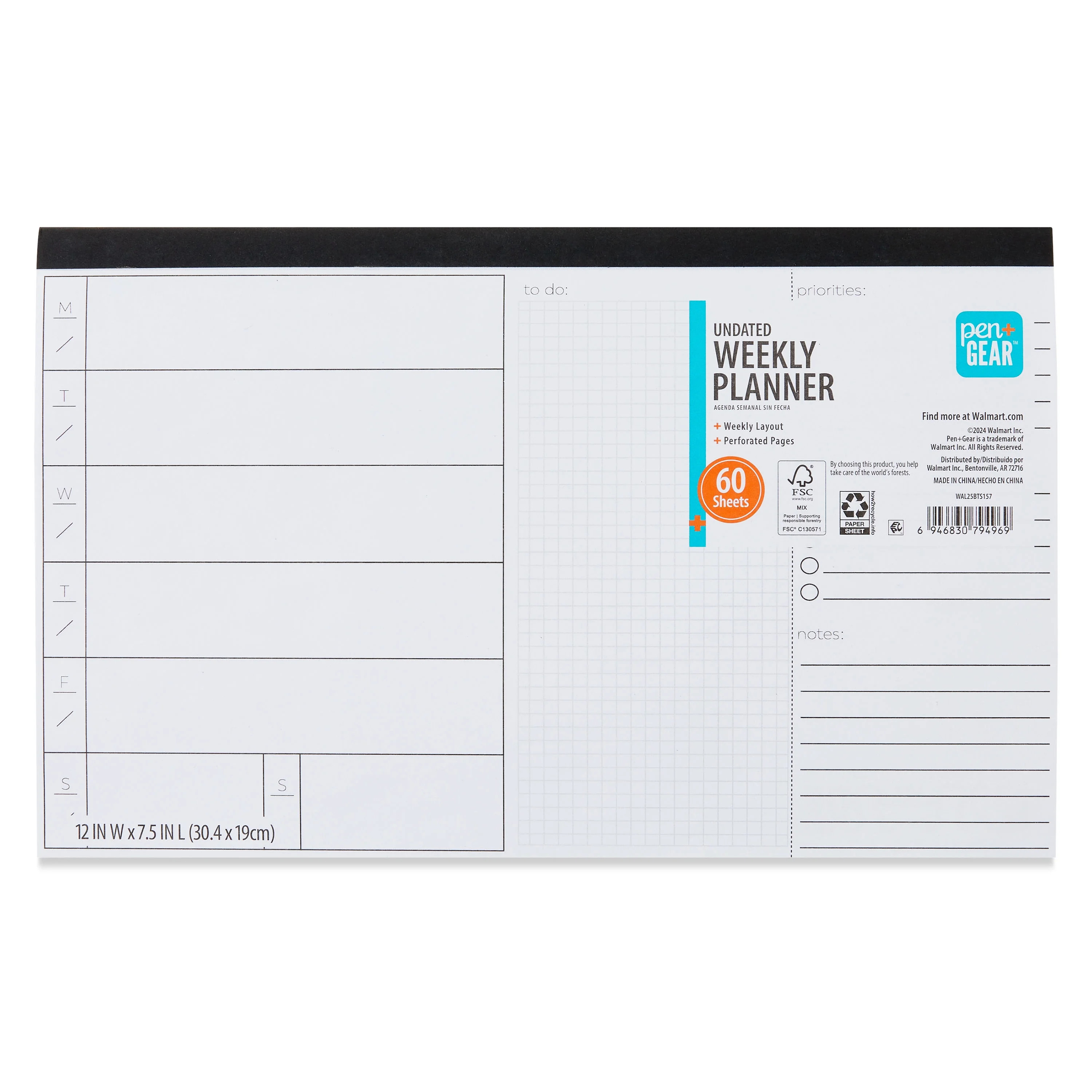Pen+Gear Weekly Undated Large (12" x 7.5") Black and White 60 Sheets Desktop Planner Pad | Walmart (US)