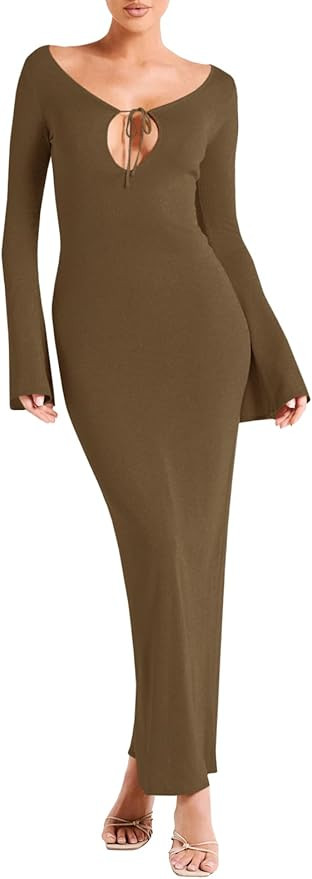 Fisoew Womens Long Sleeve Knit Dresses V Neck Tie Front Solid Bodycon Sexy Party Maxi Dress | Amazon (US)