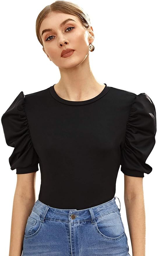 Floerns Women's Frill Neck Puff Sleeve Solid Tee Blouse Tops | Amazon (US)