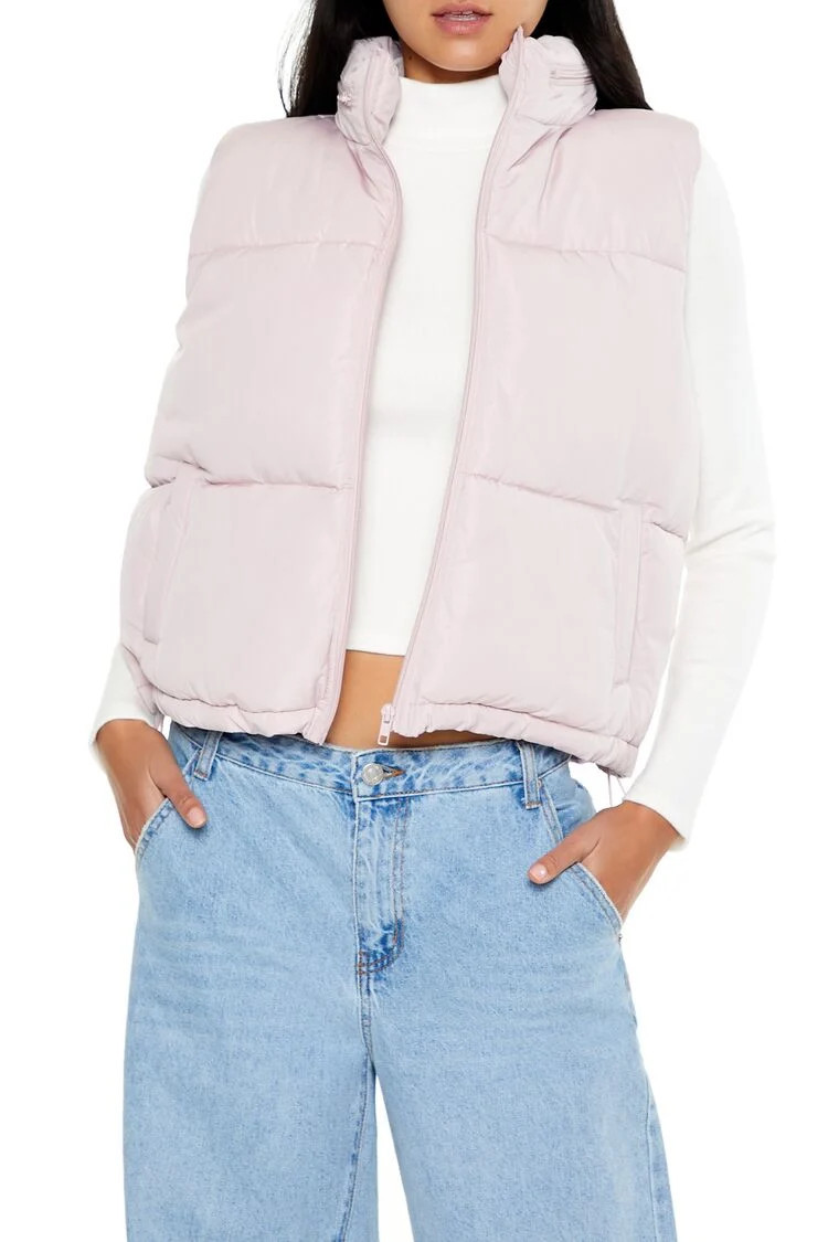 Women's Zip-Up Puffer Vest in Lilac Sheen Small | Forever 21