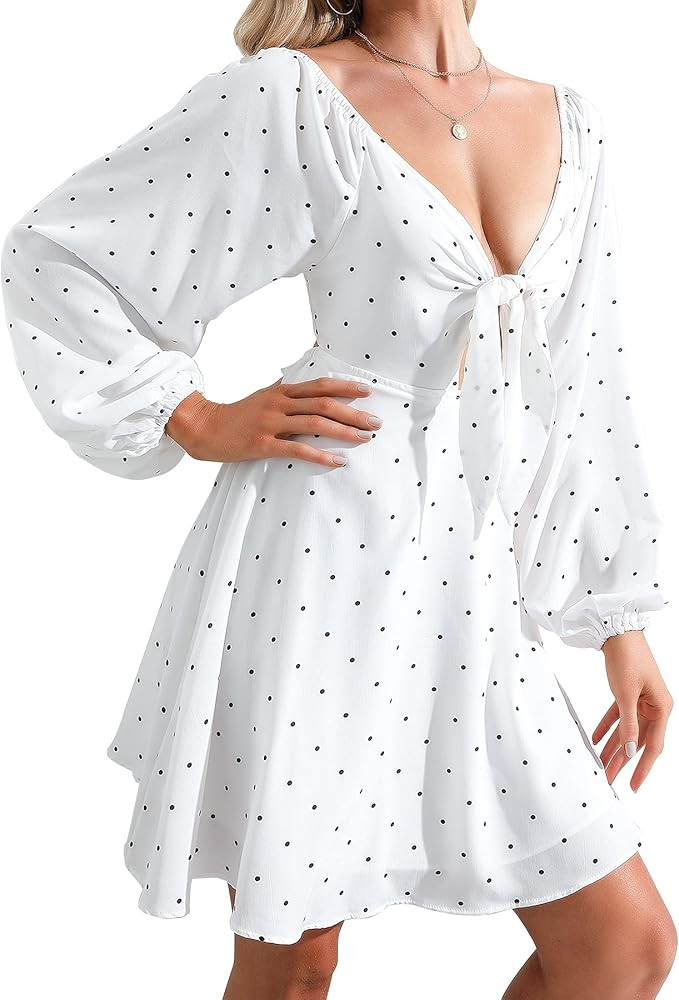 EXLURA Womens Knot Front Cocktail Dress Long Puff Sleeve Dress Deep V-Neck Swing Mini Dress | Amazon (US)