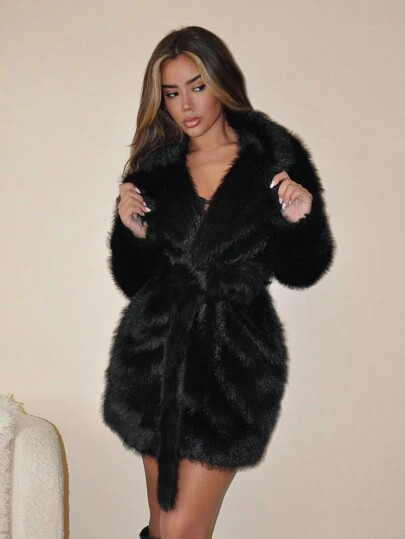 SHEIN ICON 1pc Solid Color Faux Fur Fuzzy Tie-Up Decor Long Sleeve Jacket SKU: sz2407186911510393... | SHEIN