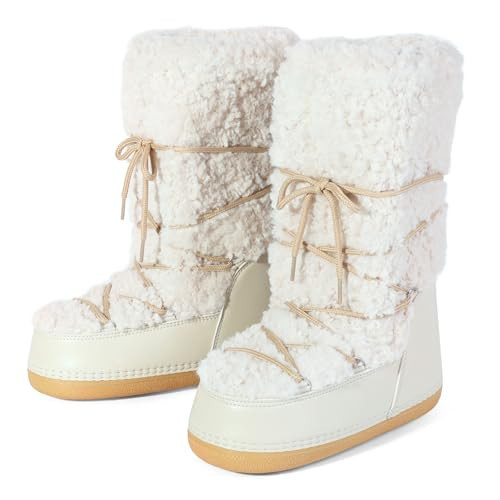 Glxybdas Fuzzy Fur boots for Women - Furry Winter Snow Boots Fluffy Waterproof Mid Calf Boots For Outdoor Flat Shoes Beige Size 9 | Amazon (US)