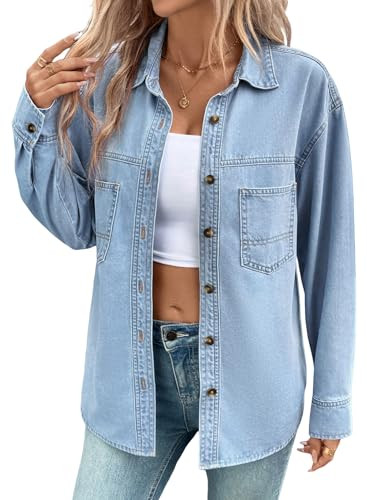 Sidefeel Women Denim Shirts Oversized Long Sleeve Button Down Blouse V Neck Casual Top Shackets | Amazon (US)
