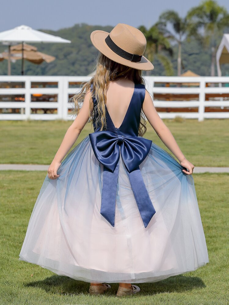 Garota Pré-Adolescente Azul Vestido De Noite Com Arco Grande , Babado Saia Longa , Gradiente Chiffon Saia E Sem Costas Desenho | SHEIN