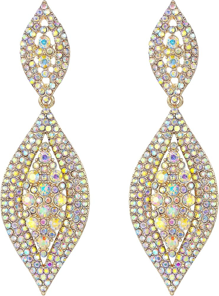 Flyonce Women's Rhinestone Crystal Wedding Bridal 2 Leaf Drop Dangle Chandelier Earrings | Amazon (US)