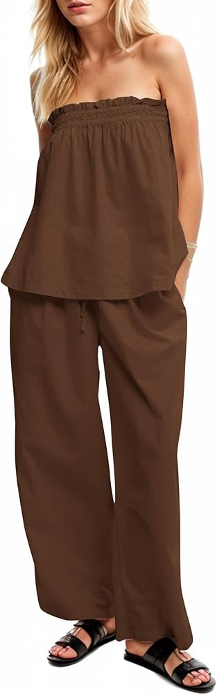 Women Summer Outfits 2 Piece Set Strapless Tube Top and Wide Leg Pants lounge Set Relaxed Off Sho... | Amazon (US)