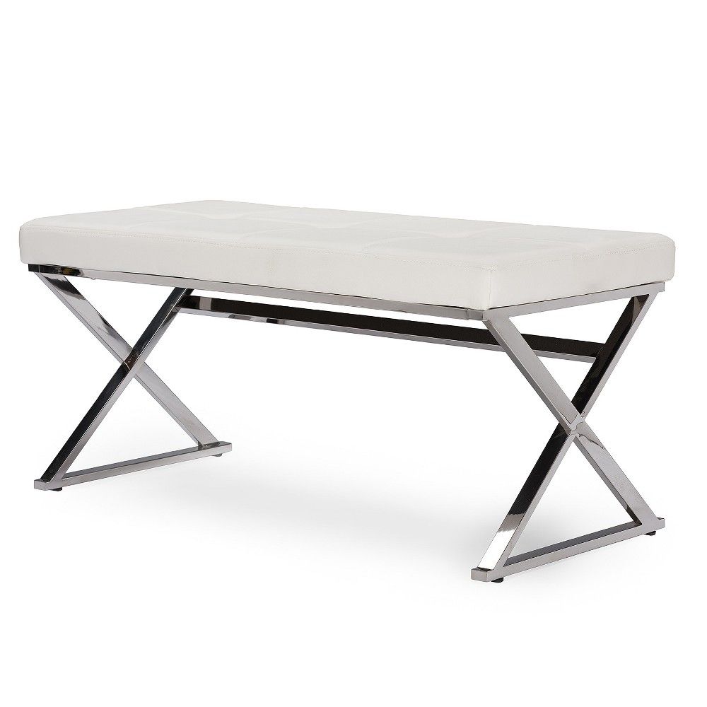 Herald Modern and Contemporary Stainless Steel and Faux Leather Upholstered Rectangle Bench - White  | Target