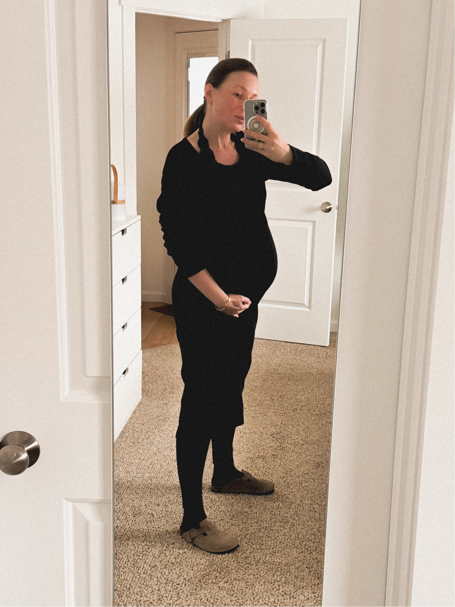 OOTD: James Perse classics thermal knit dress + H&M mama before and after leggings + Birkenstock Boston clogs. Love layering my scoop necks over a a halter neck top/bra, wearing here Free People Last dance halter bralette. 

#LTKStyleTip #LTKBump #LTKSeasonal