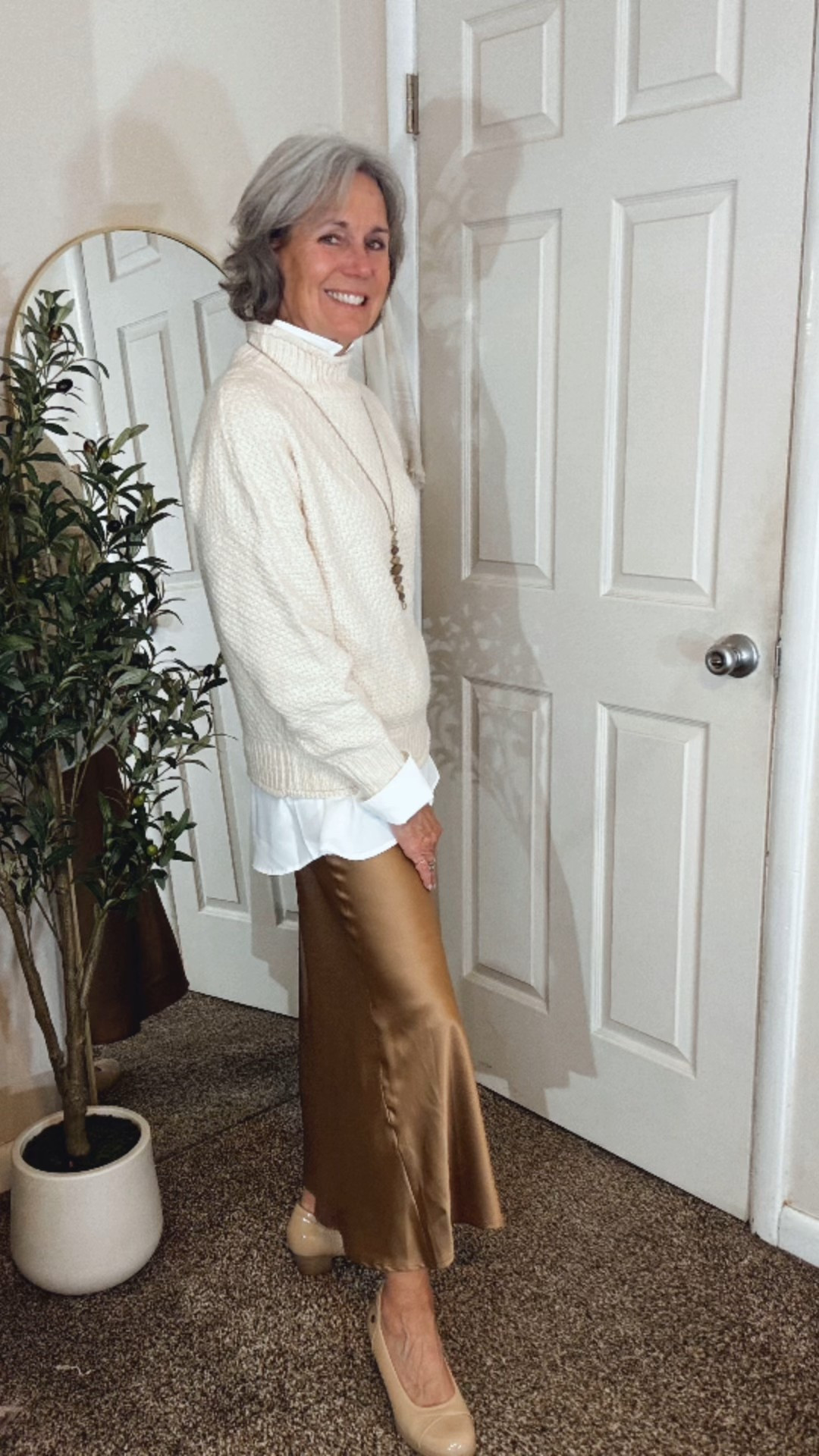 A Thanksgiving outfit that can be dressed down by leaving out the button down shirt and switching the pumps for comfy shoes or boots. 
I love a satin skirt with an oversized sweater. I have linked some options for you  

#LTKootd #LTKHoliday #LTKStyleTip