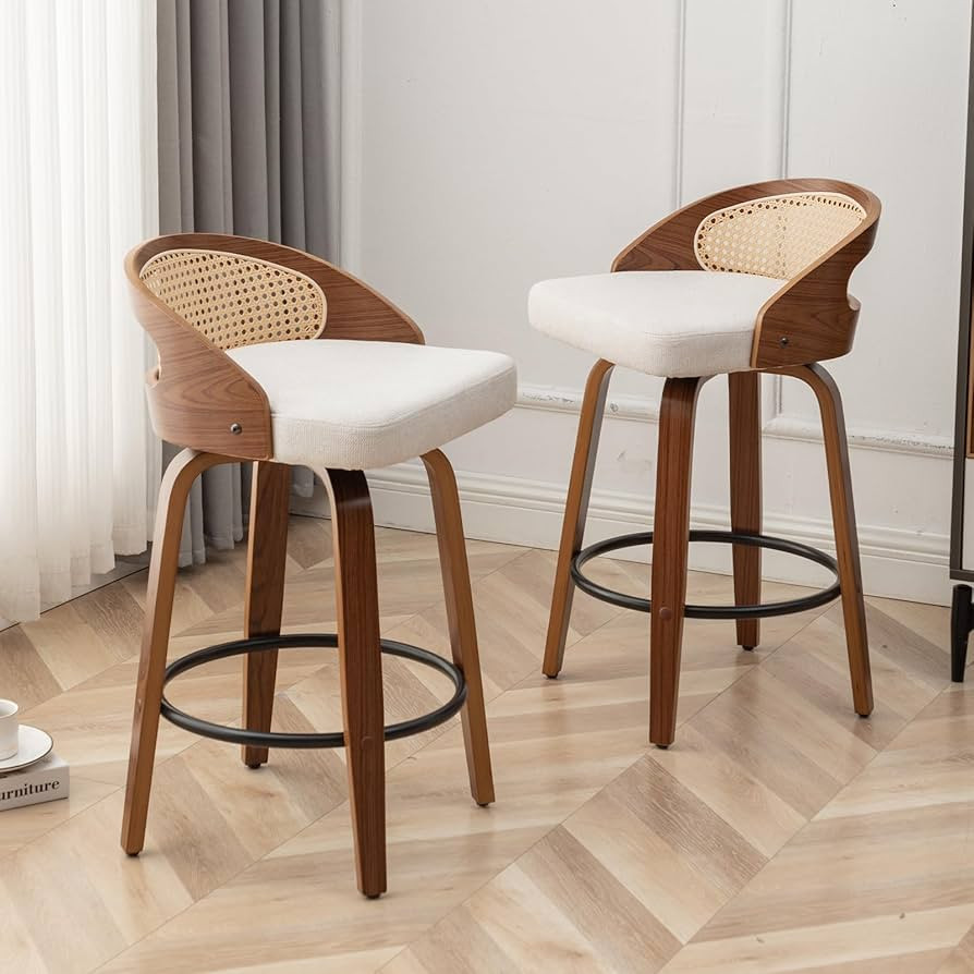 YOUUGIOR 30" Swivel Rattan Bar Stools Set of 2,Mid-Century Modern Beige Linen Fabric Upholstered ... | Amazon (US)