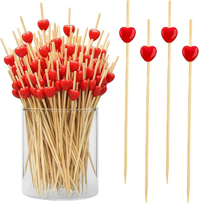 200PCS Red Heart Cocktail Picks 4.7" Long Heart Shaped Bamboo Toothpicks for Appetizers Fruit Val... | Amazon (US)