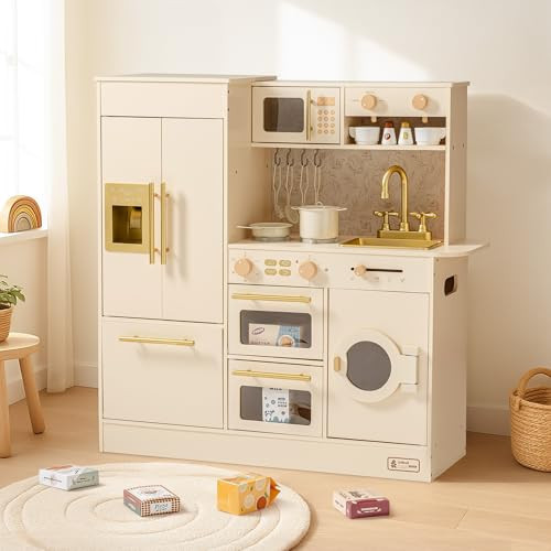 ROBUD Wooden Play Kitchen, Kids Kitchen Playset, Toy Kitchen Set with 17 Realistic Accessories, Ideal Gift for Kids & Toddlers, Age 3+ (White) | Amazon (US)