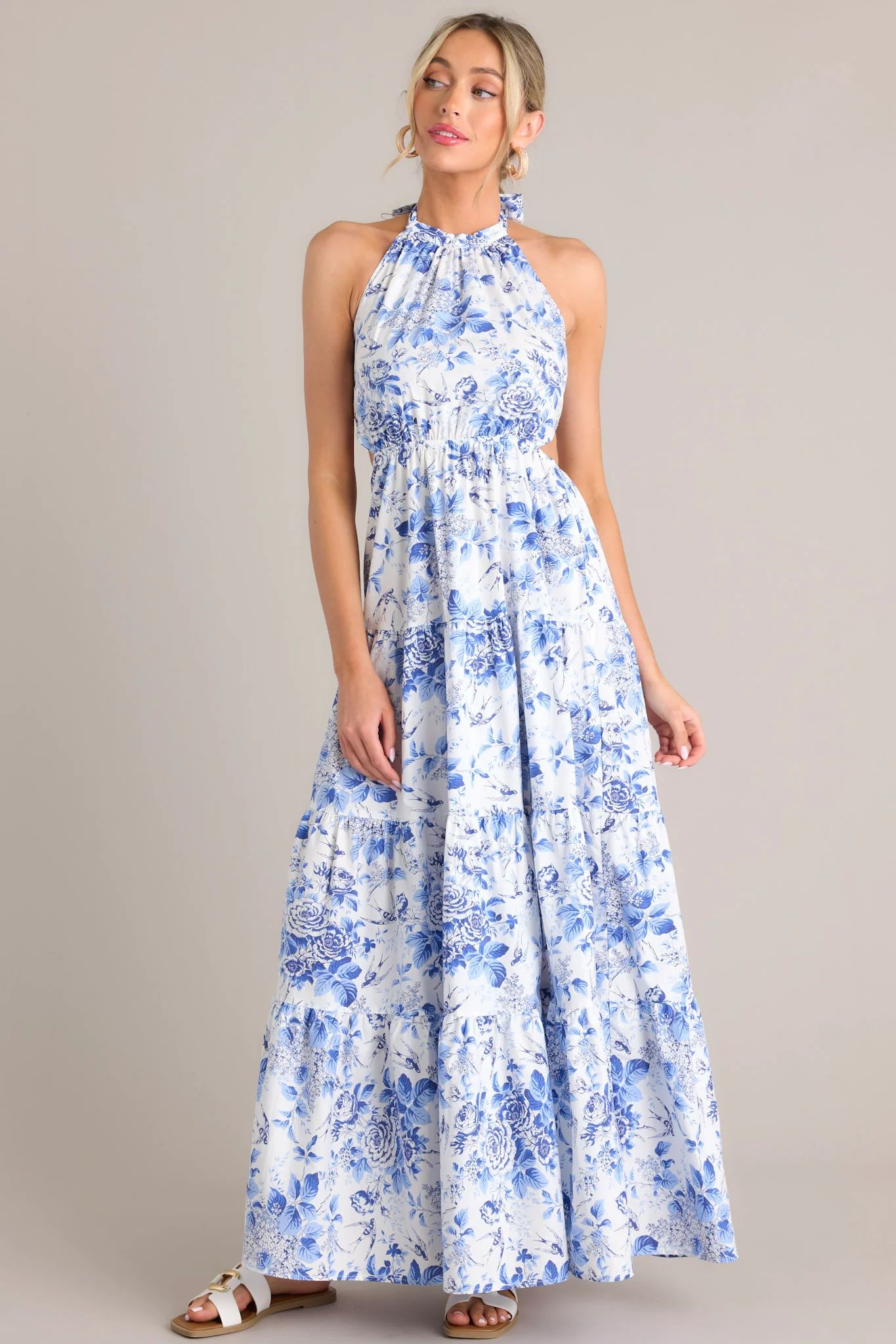 Secret Garden White & Blue Floral Halter Maxi Dress | Red Dress