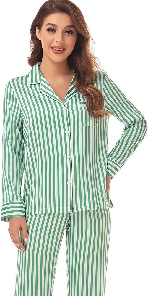 Serenedelicacy Women's Satin Pajama Set Long Sleeve Button Down Sleepwear 2-Piece Striped Silky P... | Amazon (US)