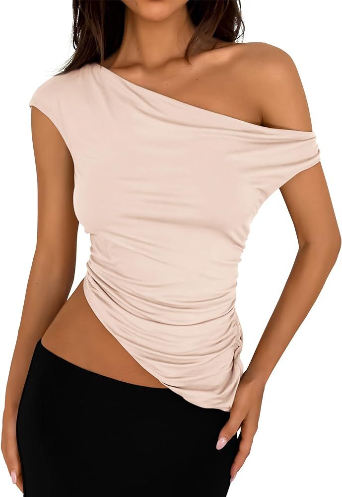 PRETTYGARDEN Womens 2024 Summer Off The Shoulder Crop Tops Sleeveless One Shoulder Ruched Asymmet... | Amazon (US)