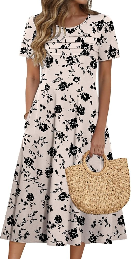 Zeagoo Womens Casual Dresses for Summer Short Sleeve Flare Midi Dress Loose Beach Sundress Pleate... | Amazon (US)