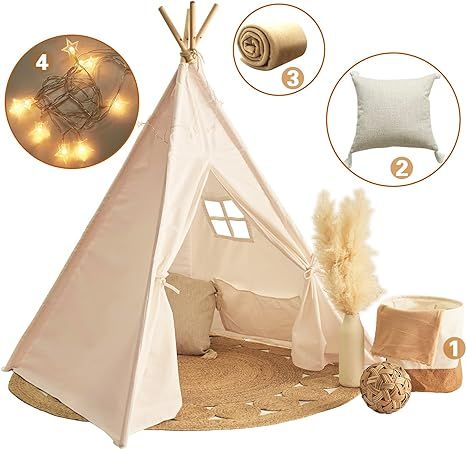 little dove Teepee Tent for Kids Foldable Teepee Play Tent with Pillow, Banner, Fairy Lights, Bla... | Amazon (US)