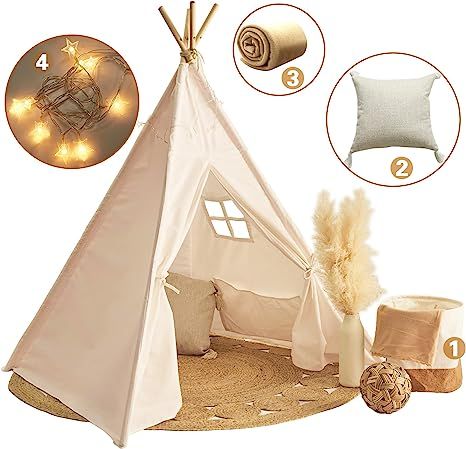 little dove Teepee Tent for Kids Foldable Teepee Play Tent with Pillow, Banner, Fairy Lights, Bla... | Amazon (US)