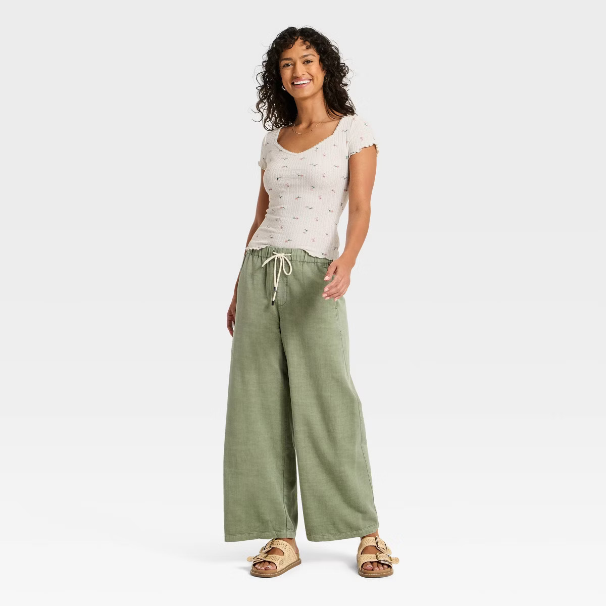 Women's Slim Fit Short Sleeve Pointelle Sweetheart Neck T-Shirt - Universal Thread™ Cream Flora... | Target