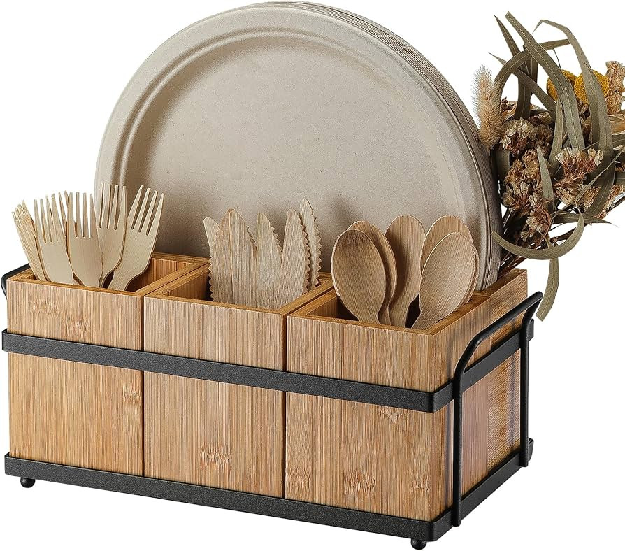 PTSTING Silverware Caddy Wood Utensil Holder Paper Plate Dispenser Silverware Utensil Caddy Cutle... | Amazon (US)