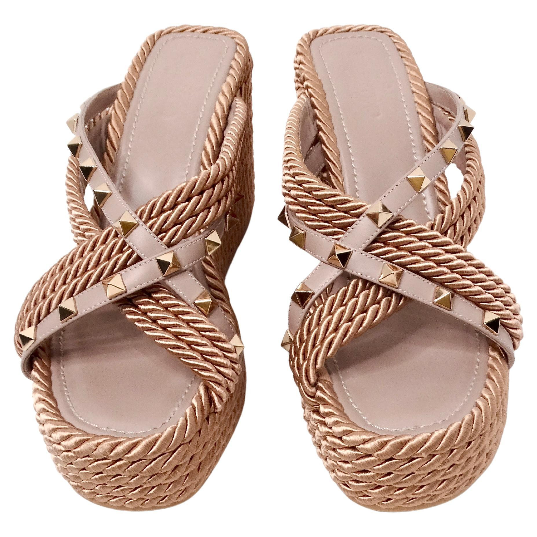 Valentino Garavani Rose Torchon Leather Wedge Sandals With Rockstud Accents | 1stDibs