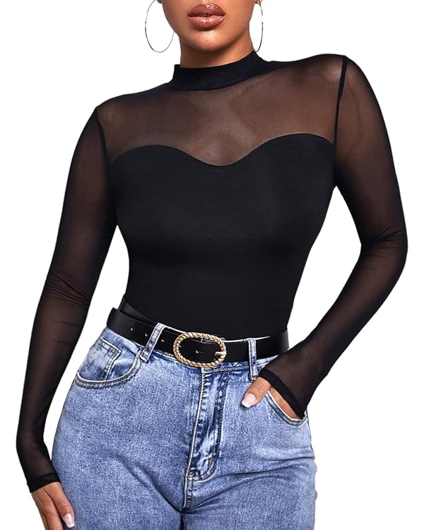 GORGLITTER Women's Turtleneck Long Sleeve Fall Tops Y2K Dressy Mock Neck Sexy Sheer Mesh Casual G... | Amazon (US)