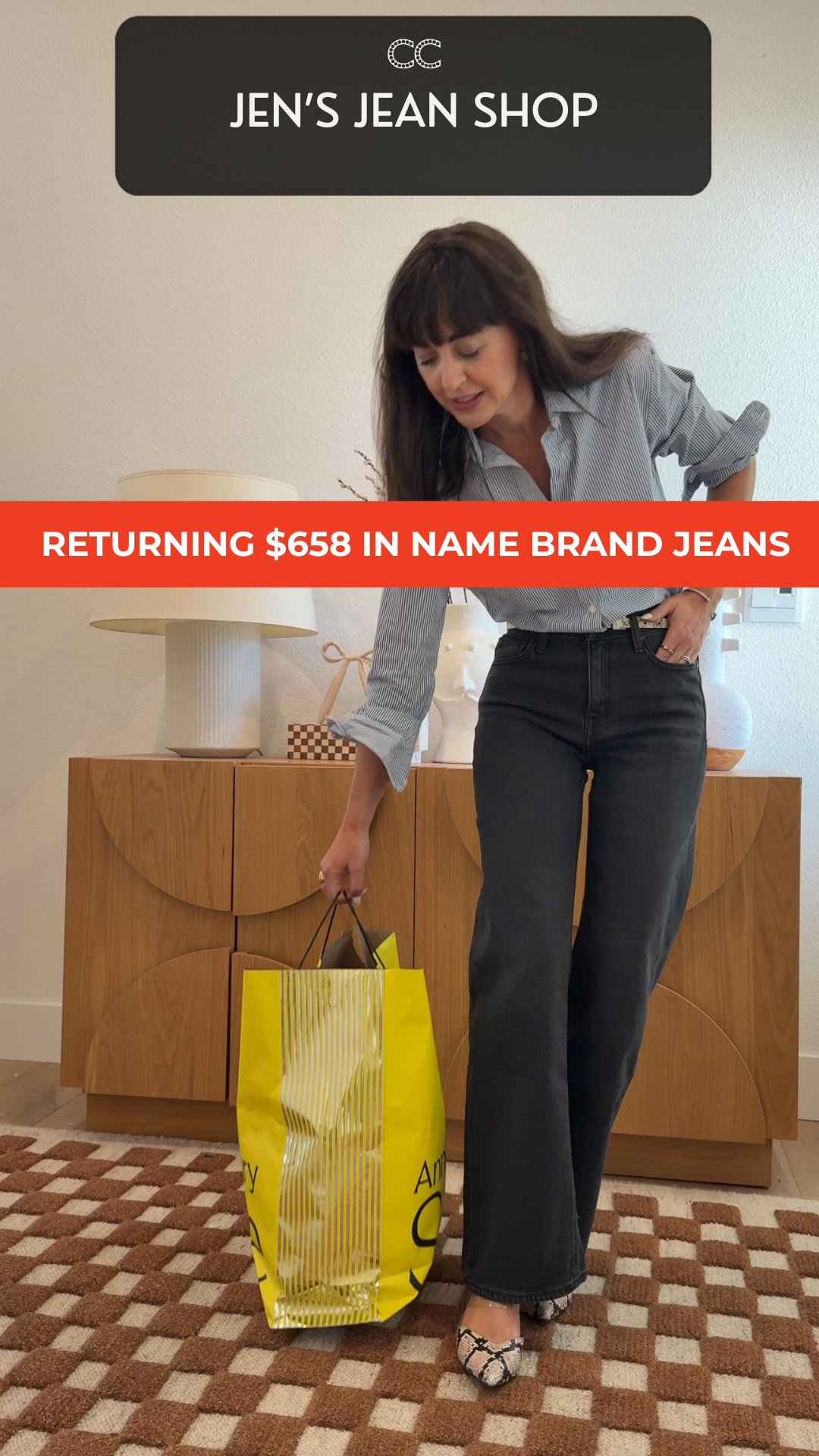 I am returning $658 in name-brand jeans for one $50 @Quince  that does everything they do!

 Styled the same pair 5 ways: button-up, cashmere tee + cardigan, polo + cardigan, sweater + leather jacket, blazer + dickey. Added 2 Grade A cashmere pieces for less than the price of one designer jean. Shop all my looks, including my new WFH look below. #quincepartner