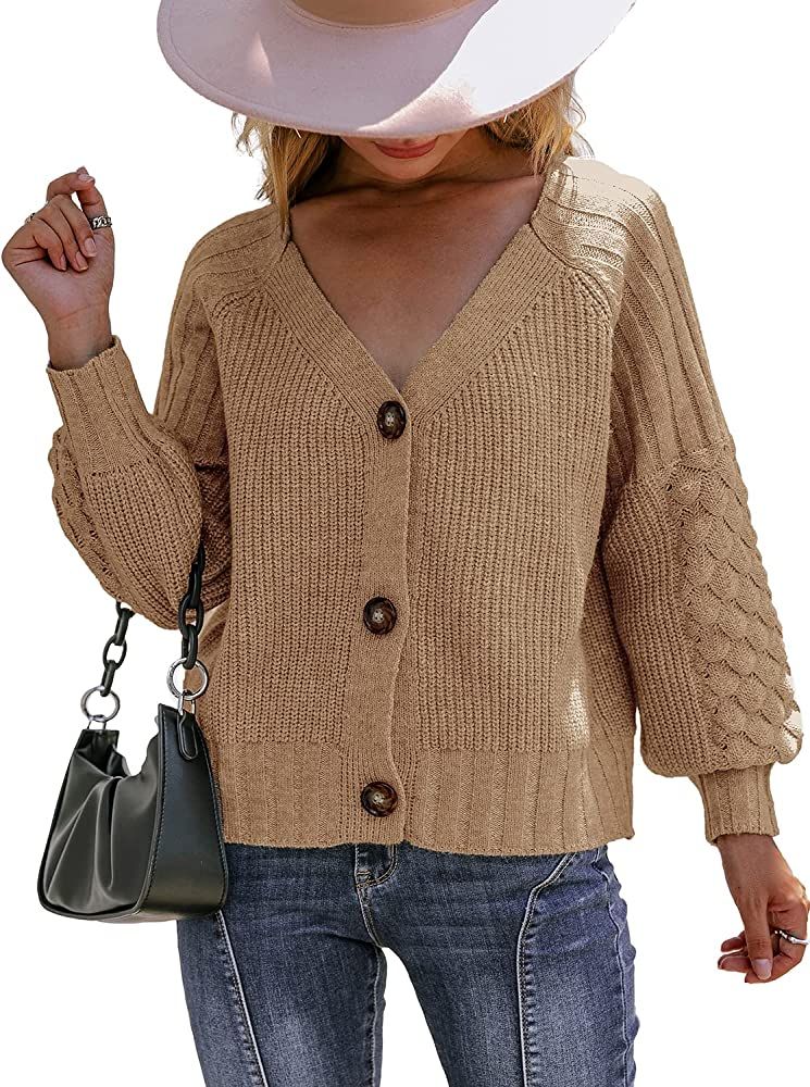 Miessial Women's Button Down Long Sleeve Cardigan Sweaters Chunky Cable Knit Crop Sweater Top | Amazon (US)