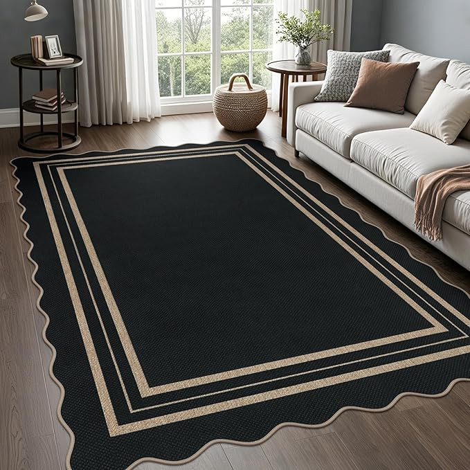 Scalloped 5x7 Rug for Living Room, Easy Jute Washable Outdoor Patio Carpet, Farmhouse Indoor Blac... | Amazon (US)