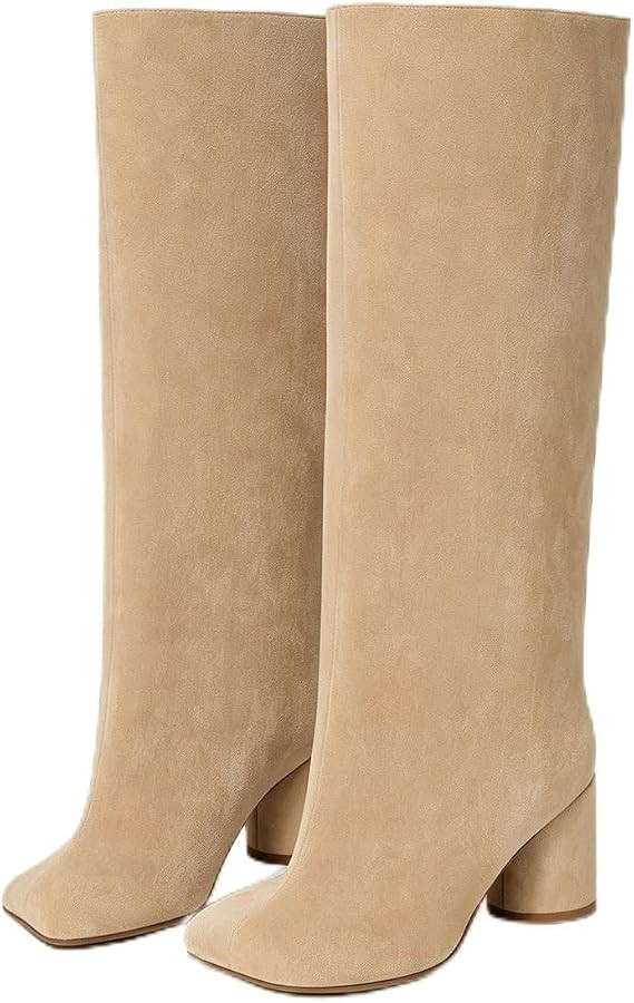 Wide Calf Knee High Boots Women Chunky Heel Square Toe Tall Boots | Amazon (US)
