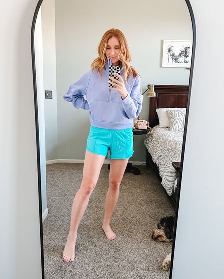 New lululemon finds for spring. Scuba pullover, hotty hot shorts, lilac sweatshirt, teal shorts.