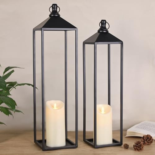 22'' 19'' Large Lanterns Decorative Outdoor Indoor, Set of 2 Black Metal Candle Lanterns Halloween Lanterns Modern Farmhouse Floor Lanterns Decorative for Home Decor, Mantle, Patio, Porch, Garden | Amazon (US)