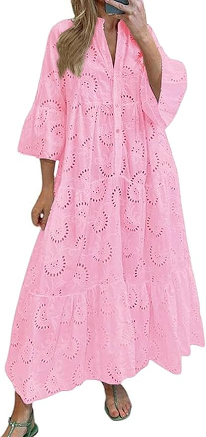 Women's Long Flowy Embroidered Eyelet Tiered Double Lined Loose Fitting Dresses | Amazon (US)