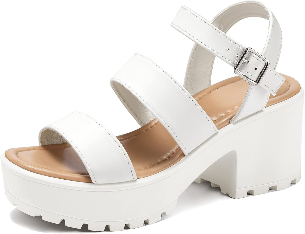 mysoft Women's Platform Sandals Ankle Strap Open Toe Lug Sole 3 Inch Chunky Block Heeled Sandals | Amazon (US)