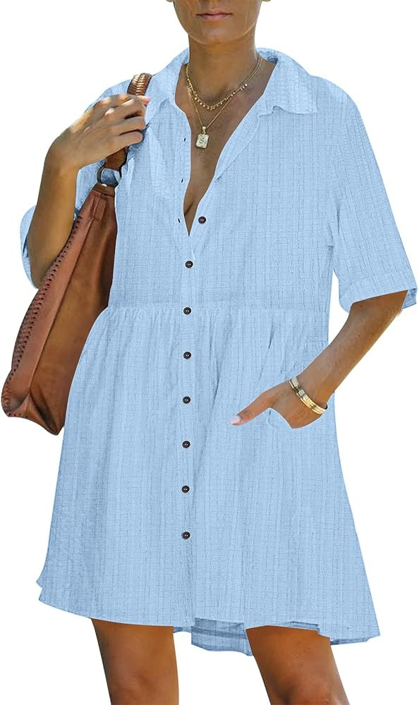 PYGFEMR Women's Summer Dress 2025 Short Sleeve Babydoll Tiered Button Down T Shirts Dresses with ... | Amazon (US)