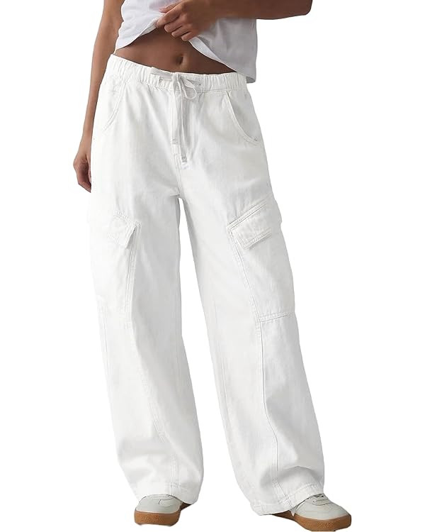 Sidefeel Womens Mid-Low Rise Baggy Jeans Elastic Waist Drawtring Y2K Stretchy Wide Leg Cargo Boyf... | Amazon (US)