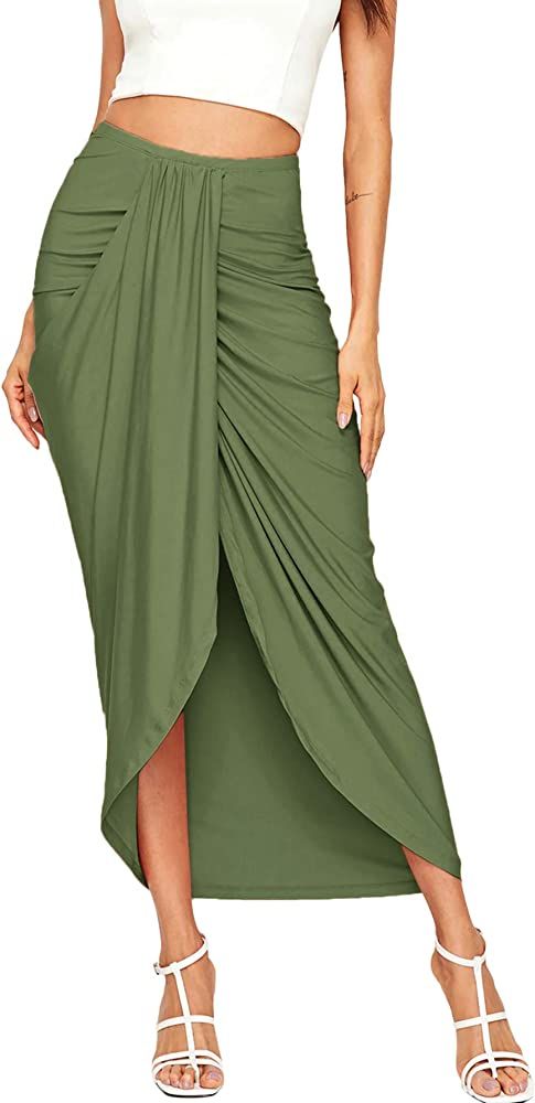 SheIn Women's Casual Slit Wrap Asymmetrical Elastic High Waist Maxi Draped Skirt | Amazon (US)