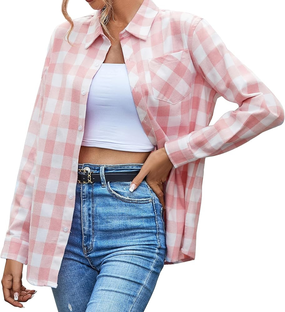 SANGTREE Girls & Women's Long Sleeve Flannel Plaid Shirt Button Down Shirts, 3 Months - US 2XL | Amazon (US)